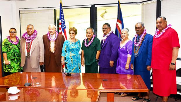 In this recent file photo of Lualemaga Faoa, he is seen standing next to Lt. Gov. Lemanu P. Mauga (far right) in a group photo with Gov. Lolo M. Moliga (center) and Secretary of Samoan Affairs Mauga Tasi Mauga (third from left), after being sworn in as the Western District Governor three weeks ago, at the Office of Samoan Affairs.  [OSA courtesy photo]