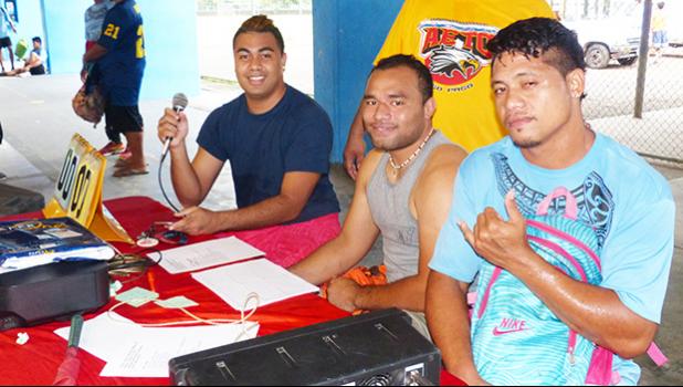 The Official Corner, where scores were announced and official recordkeeping for the ASVB tournament, 2017 Samoa Volleyball Challenge was done. These officials play a vital part in what’s going on during the whole tournament.  [photo: Leua Aiono Frost]