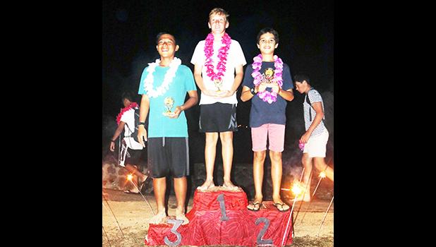 The top three winners of the Open Division competition of the Pago Pago Harbor Optimist Sailing Regatta held on Saturday, Oct.14, 2017 out of Sadie’s By the Sea Beach Resort.  [Courtesy photo]
