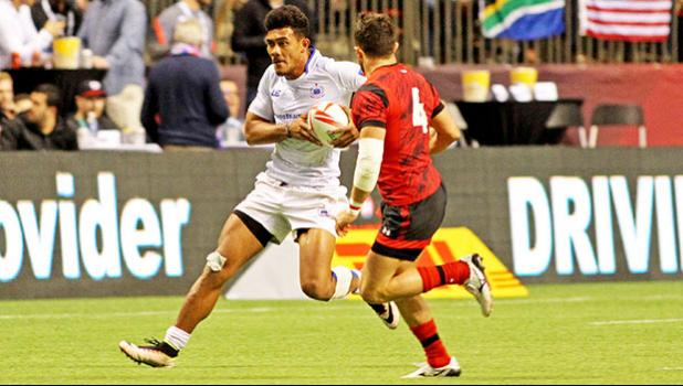 Joe Perez valiantly strives to create a spark in Manu Samoa's scoreless second half in their demoralizing 21-14 loss to Wales in Day 1 Canada 7s BC Place, Vancouver, Canada.  [Photo; Barry Markowitz]
