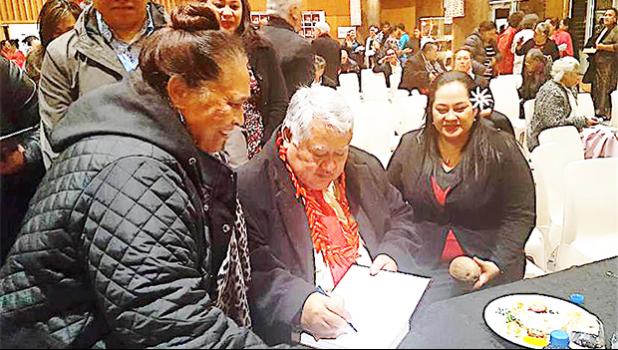 Managing Director and Owner of S.S.A.B, Fiti Leung Wai (right) is seen with Samoa Prime Minister Tuilaepa (center) during the event that launched “Palemia”, a book narrated by the PM to Dr. Peter Swain, in NZ last week.  The book is only available at S.S.A.B branches: in Samoa: Megastore, Lotemau, Salelologa, Vaivase; in New Zealand: S.S.A.B Auckland Sei – Oriana; and, in American Samoa: S.S.A.B Pago.   [Courtesy photo]