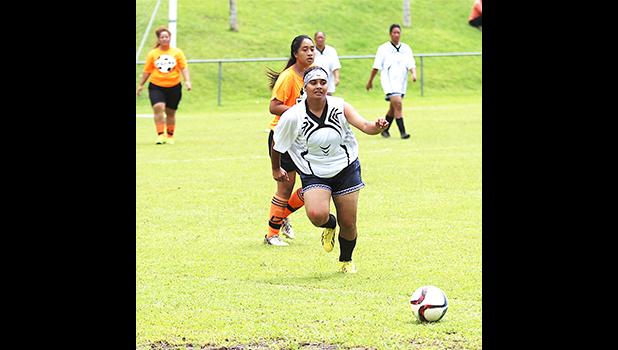 A Black Roses player goes after the ball against PanSa in a Match Day 7 game of the women’s 2017 FFAS National League at Pago Park Soccer Stadium on Saturday, October 28, 2017.  [FFAS MEDIA/Brian Vitolio]