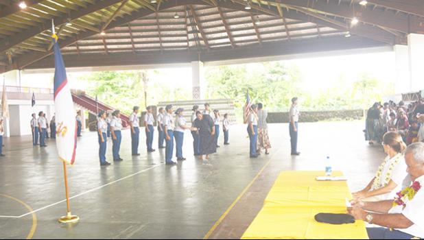 Last week's JROTC promotion ceremony at Kanana Fou, where LTC (Ret) Mapu Jamais announced that Pacific Horizons High School is now officially a JROTC magnet school to Kanana Fou High School’s JROTC program.  [Courtesy photo]