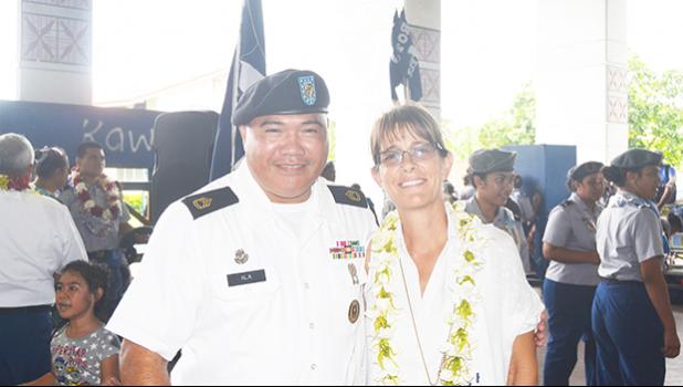 Senior Army Instructor SFC (Ret) Ala and Principal Tuiolosega of Pacific Horizons School after the JROTC promotion ceremony at Kanana Fou, where LTC (Ret) Mapu Jamais announced that Pacific Horizons High School is now officially a JROTC magnet school to Kanana Fou High School’s JROTC program.  [Courtesy photo]