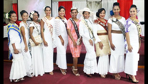 2017 Miss Pacific Islands Pageant Contestants with reigning Miss Pacific Islands, Anne Dunn attending the Sunday service at the International Full Gospel Church in Nadi, Fiji. Left to Right  in Order  of Appearance: Miss Nauru,  Miss Solomon Islands, Miss Papua New Guinea, Miss Rapa Nui, Miss Samoa, Miss Pacific Islands, Miss Cook Islands, Miss Tonga, Miss Fiji, and Miss American Samoa. [courtesy photo]