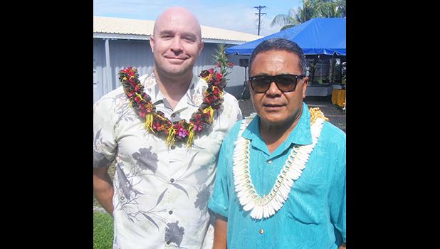 Dempsey Pacific’s principal civil engineer, Ty Dempsey (left) and Paramount Builders Inc., president, Papali’i Lauli’i Alofa, last Friday morning at the dedication of the new $4.6 million ASPA Operations Center building in Tafuna. Paramount was the main general contractor for the project while Dempsey was the civil engineer for Lyons & Associates, the subcontractor to Lively & Associates who did the architectural and civil work.  [photo: FS]