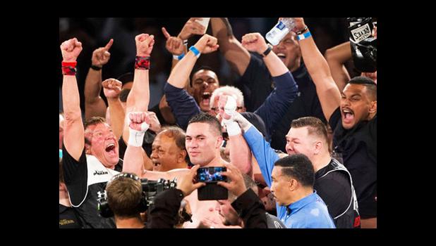 Joseph Parker and trainer Kevin Barry (left) celebrates after beating Andy Ruiz to win the WBO world boxing heavyweight title. [photo: PHOTOSPORT via Stuff NZ]