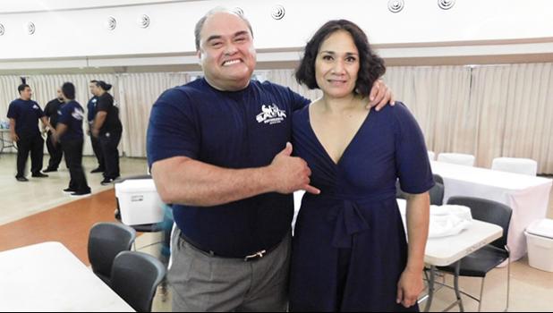 President and Organizer of the Sau Ia Bodybuilding Inc, Peter Reid and Sala Mcmoore after the two-day bodybuilding event held last Thursday and Friday at the Lee Auditorium in Utulei. [Photo: EM]