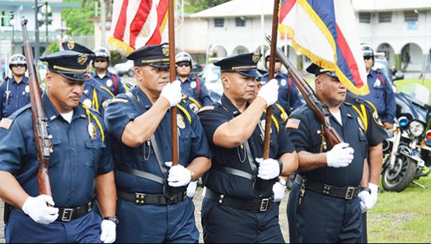 Senior police officers, who lead the mini parade yesterday morning at the Fagatogo malae — Malae o le Talu — to officially open Police Week in American Samoa.  [photo: AF]