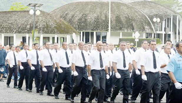 A look at cadets attending the Police Academy, as they took part in a mini parade yesterday morning at the Fagatogo malae, to official open Police Week in American Samoa. DPS is expected to announce soon as to when graduation will be held for the current Police Academy. [photo: AF]