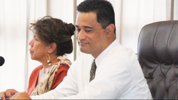Port Administration director Taimalelagi Dr. Claire Poumele (left) and Attorney General Talauega Eleasalo Ale (right) during Tuesday’s Senate Transportation/ Port Committee on the proposed hikes in port fees and charges.  [photo: FS]