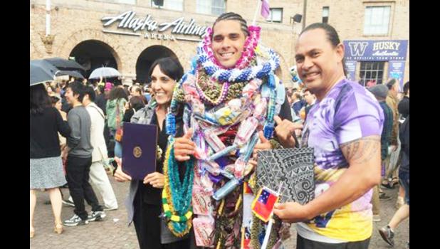 UW star linebacker Psalm Fa’afoisia Pulemagafa Wooching, pictured with mom Shannon and dad Paulo, has decided to forgo an NFL career to pursue his dreams of playing rugby.  [photo: courtesy]