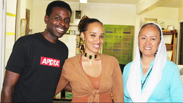 Samoan award film director, Queen Muhammad Ali (middle) with her husband Hakeem Khaaliq (left) and her mother Marie Olioli Leiato Tuiasosopo (right) following an interview at the Samoa News office on Tuesday. [photo: FS]