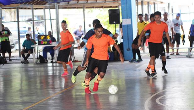 Alfred Tiatia of Royal Puma in action against the Tafuna Jets 1 during the 5th Place Tier competition of the 2017 FFAS Futsal Tournament on Monday, May 29 at the Samoana High School gymnasium in Utulei.  [FFAS MEDIA/Brian Vitolio] 