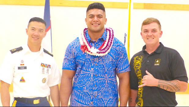 Amanave native Ryan Taifane (center) with local US Army recruiters SFC Kenny Tran and 1SGT Josh Polonowski after Taifane was officially sworn in at the Konelio Pele Army Reserve Center earlier this month. Taifane is the first Samoan in five years to be sworn in locally as an officer candidate. [photo: LF]