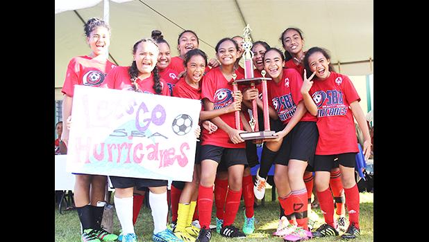 Samoa Baptist Academy’s 7-8 girls team — champions of their division for the 2017 FFAS Private Elementary Schools Soccer League.  [FFAS MEDIA/Brian Vitolio]