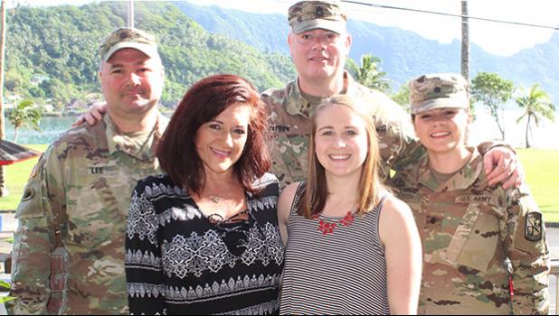 The five member Southern Oregon University delegation that arrived last week Friday and returns to Oregon tonight, talking to local students and parents about what SOU offers in academic and ROTC programs.  [l-r back row] Lt. Col. Travis Lee; Sgt. First Class Joe Watson; ROTC Cadet Alyssa Moutsatson. [l-r front row] SOU director of admissions Kelly Moutsatson; SOU admissions counselor Erin Doering. [photo: FS]