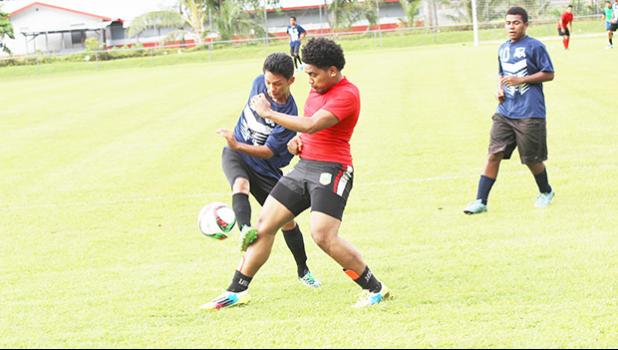 An SPA player has his shot blocked by a Faga’itua defender an ASHSAA Boys soccer game on Saturday, March 25, 2017 at Pago Park Soccer Stadium.  [FFAS MEDIA/Brian Vitolio]