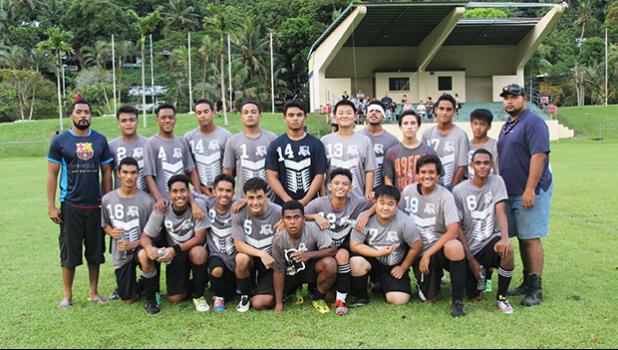 The South Pacific Academy Dolphins’ varsity squad, after their semifinal penalty shootout win over the Tafuna Warriors on Tuesday, May 2, 2017 at the Pago Park Soccer Stadium. The Sharks will play in the championship game against the Samoana Sharks today.   [FFAS MEDIA/Brian Vitolio]