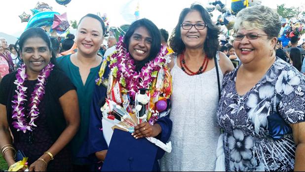 Salutatorian of South Pacific Academy's Class of 2017 Juliana Sharanya Rajamohan with Bluesky Communications officials following Saturday's commencement ceremony at the Home of the Dolphins. [photo: Blue Chen-Fruean]