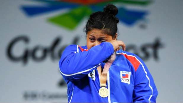 An emotional Feagaiga Stowers at Monday's medal ceremony. [ GETTY IMAGES   via Stuff NZ]
