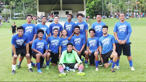 The Samoana Sharks varsity squad, after their 1-0 semifinal win over Iakina on Tuesday, May 2, 2017 at Pago Park Soccer Stadium. The Sharks will play in the championship game against the SPA Dolphins today.   [FFAS MEDIA/Brian Vitolio]