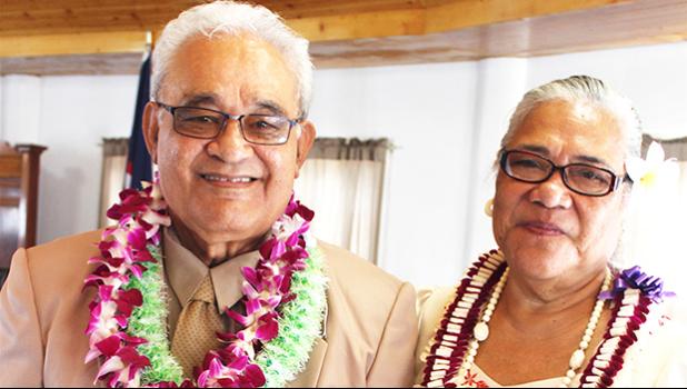 Newly sworn-in senator for Alataua county, Sauitufuga Masefau Pita Suiaunoa (left) with his wife, Taumaoe Lafaele Suiaunoa, posing for a photo in the Senate chamber, yesterday, after a brief swearing in ceremony. [photo: FS]