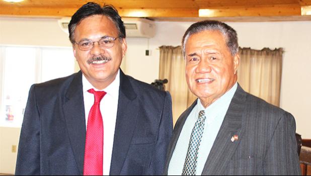 Sen. Paepae Iosefa Faiai with Sen. Nuanuaolefeagaiga Saoluaga Nua yesterday in the Senate chambers where earlier in the day, Paepae appeared before the Senate Government Operations Committee for his confirmation hearing that'll make him an associate judge. The full Senate confirmation vote is expected soon. [photo: FS]