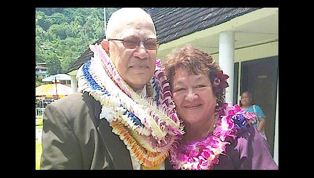 A military man turned lawmaker, Senator Tilo Vasaga and his wife Christine pose for the Samoa News camera after the brief swearing-in ceremony for all faipule and senators of the 35th Legislature yesterday morning.  [photo: Blue Chen-Fruean]