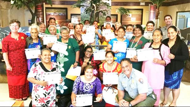 Twenty senior citizens from the Territorial Administration on Aging (TAOA), along with director Evelyn Lili'o-Satele (far left), became the first class of TAOA seniors to be appointed 'Senior Rangers' of the National Park Service. The group’s members have pledged to "explore, learn about, and help protect the National Park of American Samoa and all National Parks".  [photo: courtesy]
