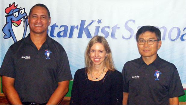 StarKist Samoa official Taotasi Archie Soliai; StarKist Co., vice president of corporate communication, Michelle Faist; and StarKist Samoa general manager C. Kwon, following a news conference last Friday afternoon at the StarKist Samoa headquarters.  [photo: FS]