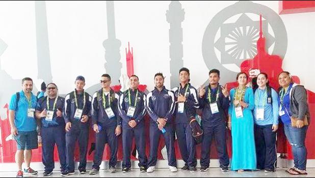 Team American Samoa and their First Star volunteer Maral who were on had to cheer on their athlete are pictured here with Sprinter Isaac Silafau after his competition. Isaac's time of 7.4 seconds in the preliminary round of the 60m did not qualify him for the first round at the 5th Asian Indoor & Martial Arts Games in Ashgabat, Turkmenistan. The games which began Sept.17th, will conclude Sept 27th, 2017. (Photo: Terry Custodio Auvaa) Team American Samoa and their First Star volunteer Maral who were on had to cheer on their athlete are pictured here with Sprinter Isaac Silafau after his competition. Isaac's time of 7.4 seconds in the preliminary round of the 60m did not qualify him for the first round at the 5th Asian Indoor & Martial Arts Games in Ashgabat, Turkmenistan. The games which began Sept.17th, will conclude Sept 27th, 2017. (Photo: Terry Custodio Auvaa)