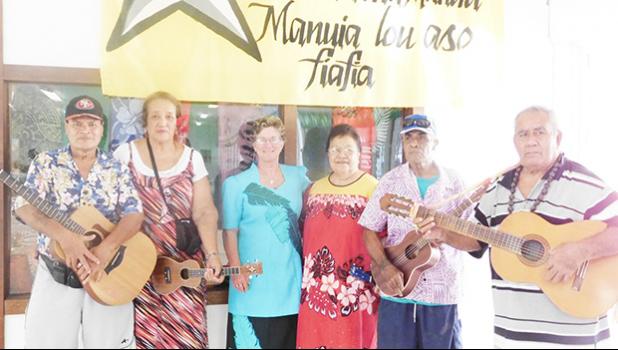 Director of Territorial Administration of Aging Evelyn Lili’o-Satele with Hula Fitness instructor Vatau Galeai and the band, which plays for the Hula fitness class. The hula class is from Monday to Thursday, at 7:30am to 8:30am. [photo: Ese Malala]