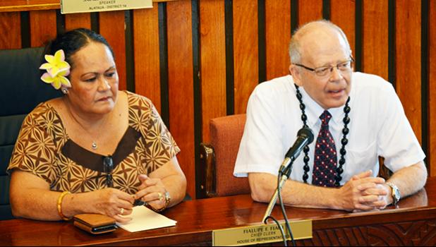 Territorial Bank of American Samoa chief operations officer Makerita T. Polu (left) and TBAS chief executive officer Philip Ware during a House committee hearing yesterday morning.  [photo: AF]
