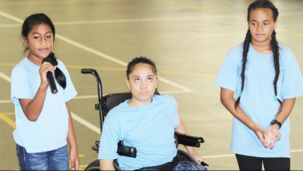 Tafuna elementary student presenters face the judges during the ASDOE/FFAS Just Play Program finale on Thursday, April 27, 2017 at the DYWA gymnasium in Pago Pago.  [FFAS MEDIA/Brian Vitolio]