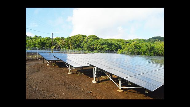 A look at the 1,410 kW of solar PV panels, of the Ta’u Renewable Energy PV project, commissioned Thursday and located on Faleasao village, Ta’u island, in Manu’a. While the project was officially commissioned Thursday, it became operational in the last two days.  [photo: AF]