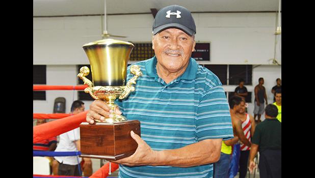President of the American Samoa Boxing Council (ASBC) Toleafoa Henry Tavake with the Governor’s Cup that the American Samoa boxing team has now won back-to-back during this year Flag Day 2017 Boxing Championship against Samoa that was held at the old Bowling Alley in Tafuna last Saturday night. [photo: AF]