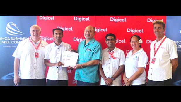(2nd from left) Digicel Samoa CEO, Mr. Farid Mohammed and (3rd from left) SSCC Board Chairman, Leiataua Alden Godinet with Digicel and SSCC officials announced on Wednesday, Feb. 21, 2018 that it’s the first company to sign up with the Tui Samoa cable.  [Courtesy photo]