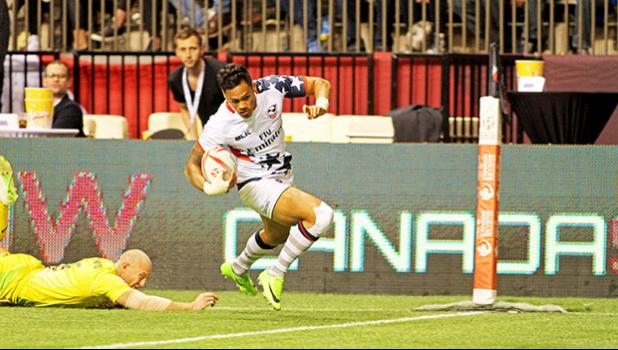 Eagle Maka Unufe scores a second half try in the USA's 29-5 victory over Australia in Day 1 of the Canada Sevens, BC Place Stadium, Vancouver, Canada.   [Photo by Barry Markowitz]