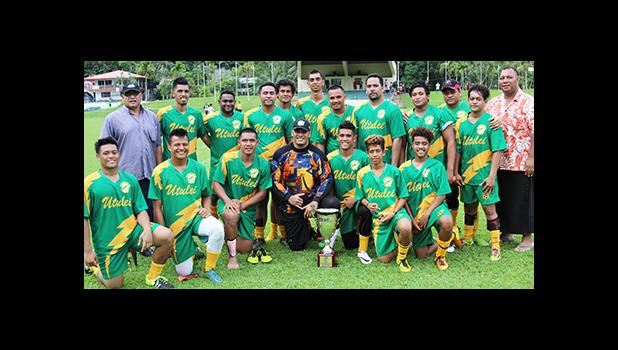 The Utulei Youth men’s team with their FFAS National Cup after retaining it in a 1-1 draw with Pago Youth during the men’s Cup match of the 2016 FFAS National League’s Match Day 4 on Saturday, Sept. 10, at Pago Park Soccer Stadium.   [FFAS MEDIA/Rupeni Luvu]
