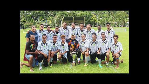 The Utulei Youth men’s team with the FFAS National Cup after retaining it in a 2-1 win over Lion Heart on Match Day 9, of the 2016 FFAS National League at Pago Park Soccer Stadium on Saturday, Oct. 22, 2016. The cup will not be in play in the second stage of the National League making it three years in a row that Utulei has successfully defended the hardware.   [FFAS MEDIA/Brian Vitolio]