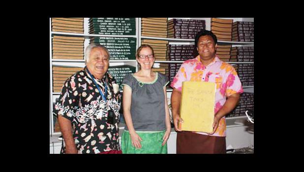 Dr. Unasa Felise Va’a (left) , pictured in a 2012 Pacific Manuscripts Bureau (PAMBU) newsletter along with Kylie Moloney and Avologo Togi Tunupopo, head librarian, at the National University of Samoa Library. He is the keynote speaker of the first Tatau Forum to be held at the ASCC Lecture Hall on Thursday, October 27, from 9:00 to 2:30 P.M.  [photo: National Library of NZ website]