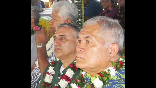 [l-r] American Samoa Power Authority board chairman Fonoti Perelini Perelini; Louis Berger Group official Raymond Mardini, and ASPA executive director Utu Abe Malae at yesterday’s dedication ceremony for the new Satala Power Plant. [photo: Leua Aiono Frost]
