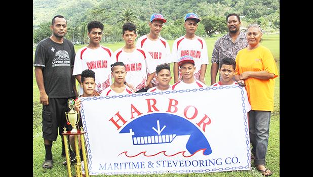 The champions of the 2017 FFAS Summer Youth League’s boys’ 13-15 division, Vaiala Tongan, with their trophy on July 15, 2017 at Pago Park Soccer Stadium. [FFAS MEDIA/Brian Vitolio] 