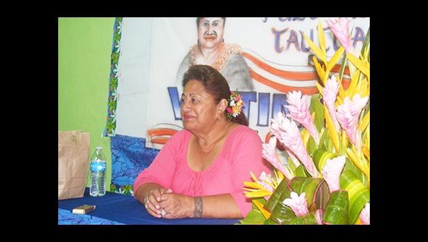 Vaitinasa Salu Hunkin-Finau speaking last Wednesday afternoon during a news conference at her campaign headquarters in Nu’uuli.  [photo: FS]