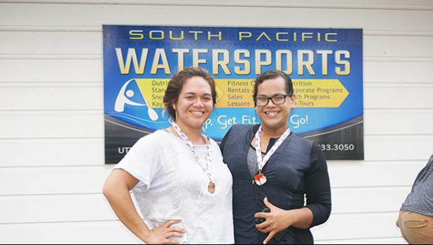 Mikayla Saelua of Leone with her relay partner Eden Brown of Tafuna who ran the 14k relay and placed 3rd at the Heart N Sole fun run last Saturday at Utulei Beach. [photo: Ese Malala]
