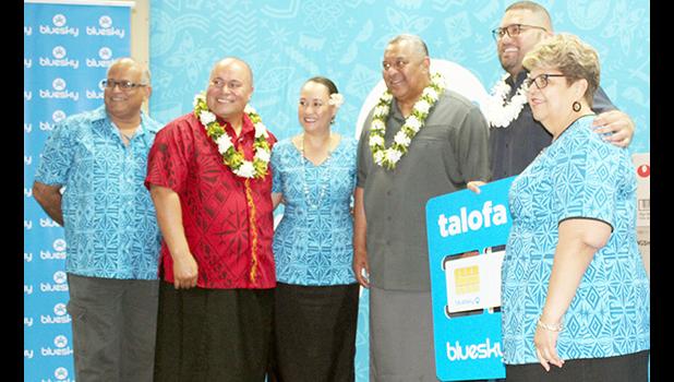 Raj Deo, Governor Lemanu’s chief of staff Tuimavave Tauapai Laupola, Bluesky Human Resources manager Lisa Gebauer, Gov. Lemanu Peleti Palepoi Sialega Mauga, Bluesky chief executive officer, Justin Tuiasosopo, and Bluesky customer service manager Sherry Sele