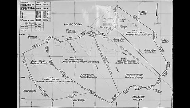 The survey map showing parcels of land in Fagasa, Malaeimi and Aasu withdrawn from being registered as “individually owned land” by by Mauga Tasi Asuega, Laulii Alofa, Michael T. Fuiavai; Patolo Mageo and others. Survey map of Nuu Fou