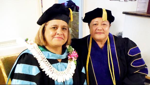 ASCC President Dr. Rosevonne Makaiwi-Pato congratulates Senouefa Talaina Leota-Gogo Mana’o