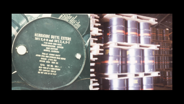 Photos of drums of Agent Orange marked with destination information and an orange band included in a Government Accountability Office report released Nov. 15, 2018.